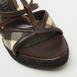 Burberry Brown/Beige Leather and Check PVC Platform Wedge Espadrille Sandals Size 38