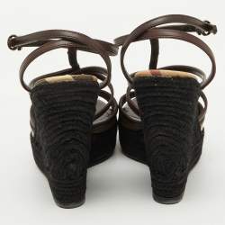 Burberry Brown/Beige Leather and Check PVC Platform Wedge Espadrille Sandals Size 38