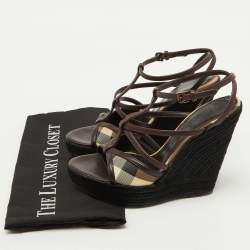 Burberry Brown/Beige Leather and Check PVC Platform Wedge Espadrille Sandals Size 38