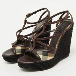 Burberry Brown/Beige Leather and Check PVC Platform Wedge Espadrille Sandals Size 38