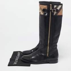 Pre Owned Burberry Beige/Black Canvas and Leather Knee Length Boots Size 40