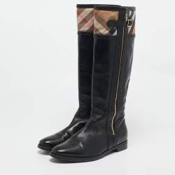 Pre Owned Burberry Beige/Black Canvas and Leather Knee Length Boots Size 40