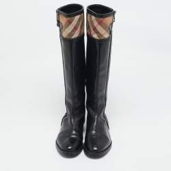Pre Owned Burberry Beige/Black Canvas and Leather Knee Length Boots Size 40