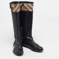 Pre Owned Burberry Beige/Black Canvas and Leather Knee Length Boots Size 40