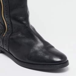 Pre Owned Burberry Beige/Black Canvas and Leather Knee Length Boots Size 40