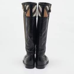 Pre Owned Burberry Beige/Black Canvas and Leather Knee Length Boots Size 40