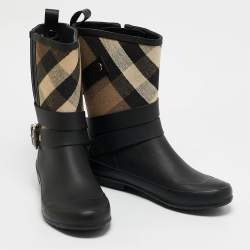 Pre Owned Burberry Beige/Black House Check Canvas and Rubber Rain Boots Size 35
