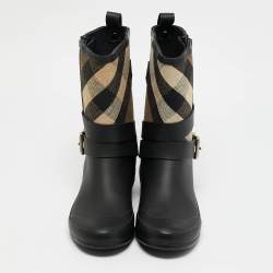 Pre Owned Burberry Beige/Black House Check Canvas and Rubber Rain Boots Size 35