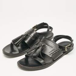 Pre Owned Burberry Black Leather Bethany Ankle Strap Flat  Sandals Size 38