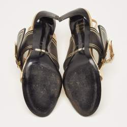 Burberry Black/Gold Leather Buckle Padstow Ankle Strap Sandals Size 38.5