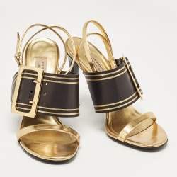 Burberry Black/Gold Leather Buckle Padstow Ankle Strap Sandals Size 38.5