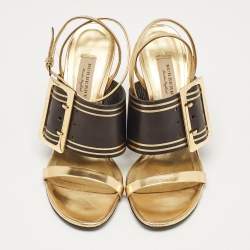 Burberry Black/Gold Leather Buckle Padstow Ankle Strap Sandals Size 38.5