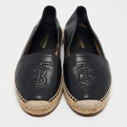 Burberry Black Leather Tabitha Logo Espadrille Flats Size 37