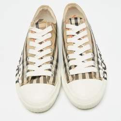 Pre Owned Burberry Beige/White Vintage Check Canvas and Rubber Larkhall Sneakers Size 38