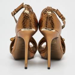 Burberry Gold Snakeskin Embossed Leather Berkeley Bow Sandals Size 37