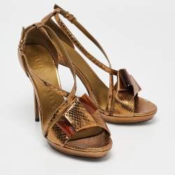 Burberry Gold Snakeskin Embossed Leather Berkeley Bow Sandals Size 37