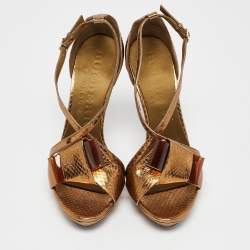 Burberry Gold Snakeskin Embossed Leather Berkeley Bow Sandals Size 37