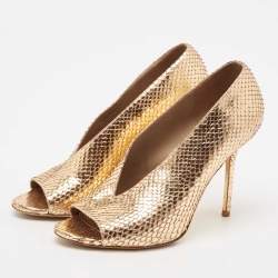 Pre Owned Burberry Metallic Gold Snakeskin Embossed Leather Peep Toe Pumps Size 36