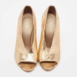 Pre Owned Burberry Metallic Gold Snakeskin Embossed Leather Peep Toe Pumps Size 36