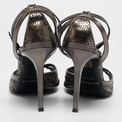 Burberry Metallic Grey Leather Laser Ankle Strap Sandals Size 39