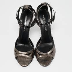 Burberry Metallic Grey Leather Laser Ankle Strap Sandals Size 39