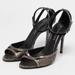 Burberry Metallic Grey Leather Laser Ankle Strap Sandals Size 39