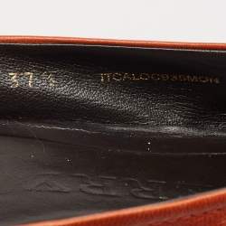 Pre Owned Burberry Dark Orange Leather And Coated Canvas Bow Toe Cap Ballet Flats Size 37.5