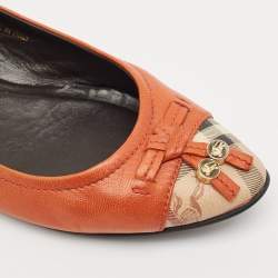 Pre Owned Burberry Dark Orange Leather And Coated Canvas Bow Toe Cap Ballet Flats Size 37.5