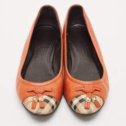 Pre Owned Burberry Dark Orange Leather And Coated Canvas Bow Toe Cap Ballet Flats Size 37.5