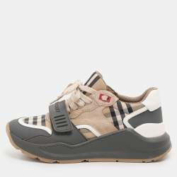 Burberry Grey/Beige Leather and Fabric Ramsey Sneakers Size 37.5