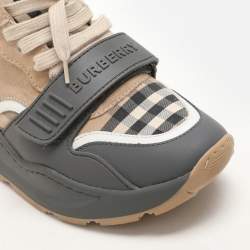 Burberry Grey/Beige Leather and Fabric Ramsey Sneakers Size 37.5