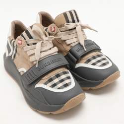 Burberry Grey/Beige Leather and Fabric Ramsey Sneakers Size 37.5