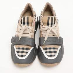 Burberry Grey/Beige Leather and Fabric Ramsey Sneakers Size 37.5