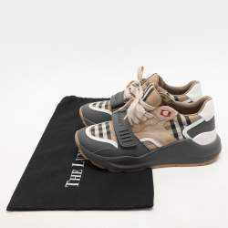 Burberry Grey/Beige Leather and Fabric Ramsey Sneakers Size 37.5