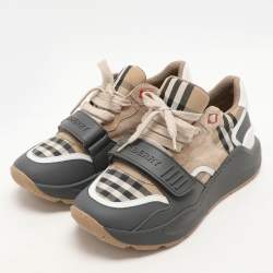 Burberry Grey/Beige Leather and Fabric Ramsey Sneakers Size 37.5