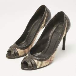 Burberry Beige/Brown Check Canvas and Brogue Leather Peep Toe Pumps Size 38