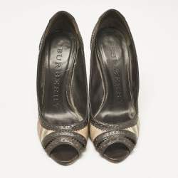 Burberry Beige/Brown Check Canvas and Brogue Leather Peep Toe Pumps Size 38