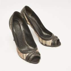 Burberry Beige/Brown Check Canvas and Brogue Leather Peep Toe Pumps Size 38