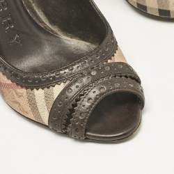 Burberry Beige/Brown Check Canvas and Brogue Leather Peep Toe Pumps Size 38