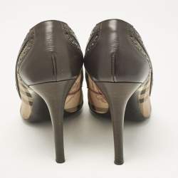 Burberry Beige/Brown Check Canvas and Brogue Leather Peep Toe Pumps Size 38