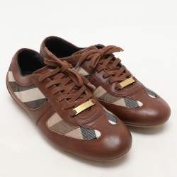 Burberry Brown/Beige Leather and Nova Check Canvas Low Top Sneakers Size 36