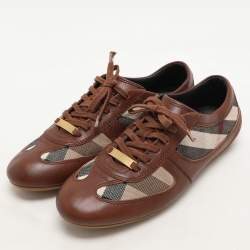 Burberry Brown/Beige Leather and Nova Check Canvas Low Top Sneakers Size 36