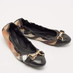 Burberry Black/Beige House Check Canvas and Leather Scrunch Buckle Ballet Flats Size 37.5