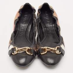 Burberry Black/Beige House Check Canvas and Leather Scrunch Buckle Ballet Flats Size 37.5
