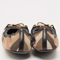 Burberry Black/Beige House Check Canvas and Leather Scrunch Buckle Ballet Flats Size 37.5