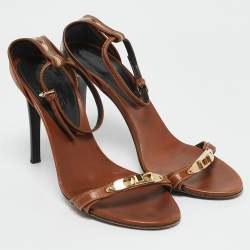 Burberry Brown/Beige House Check Canvas And Leather Ankle Strap Sandals Size 38