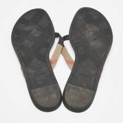 Burberry Black/Beige Leather and Canvas Masie Belted Check Thong Flats Size 39