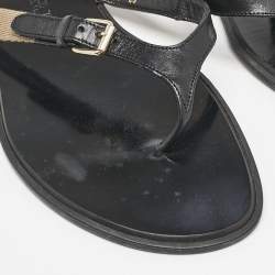 Burberry Black/Beige Leather and Canvas Masie Belted Check Thong Flats Size 39