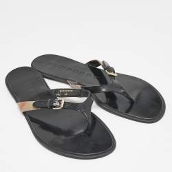 Burberry Black/Beige Leather and Canvas Masie Belted Check Thong Flats Size 39