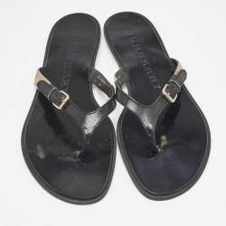 Burberry Black/Beige Leather and Canvas Masie Belted Check Thong Flats Size 39